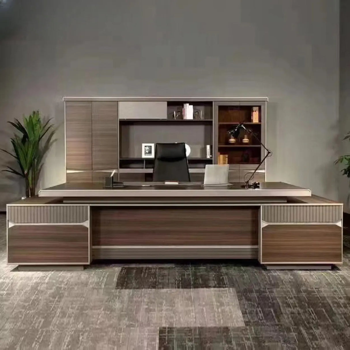 Brown Timber Executive Desk with Cable Management Image - 1