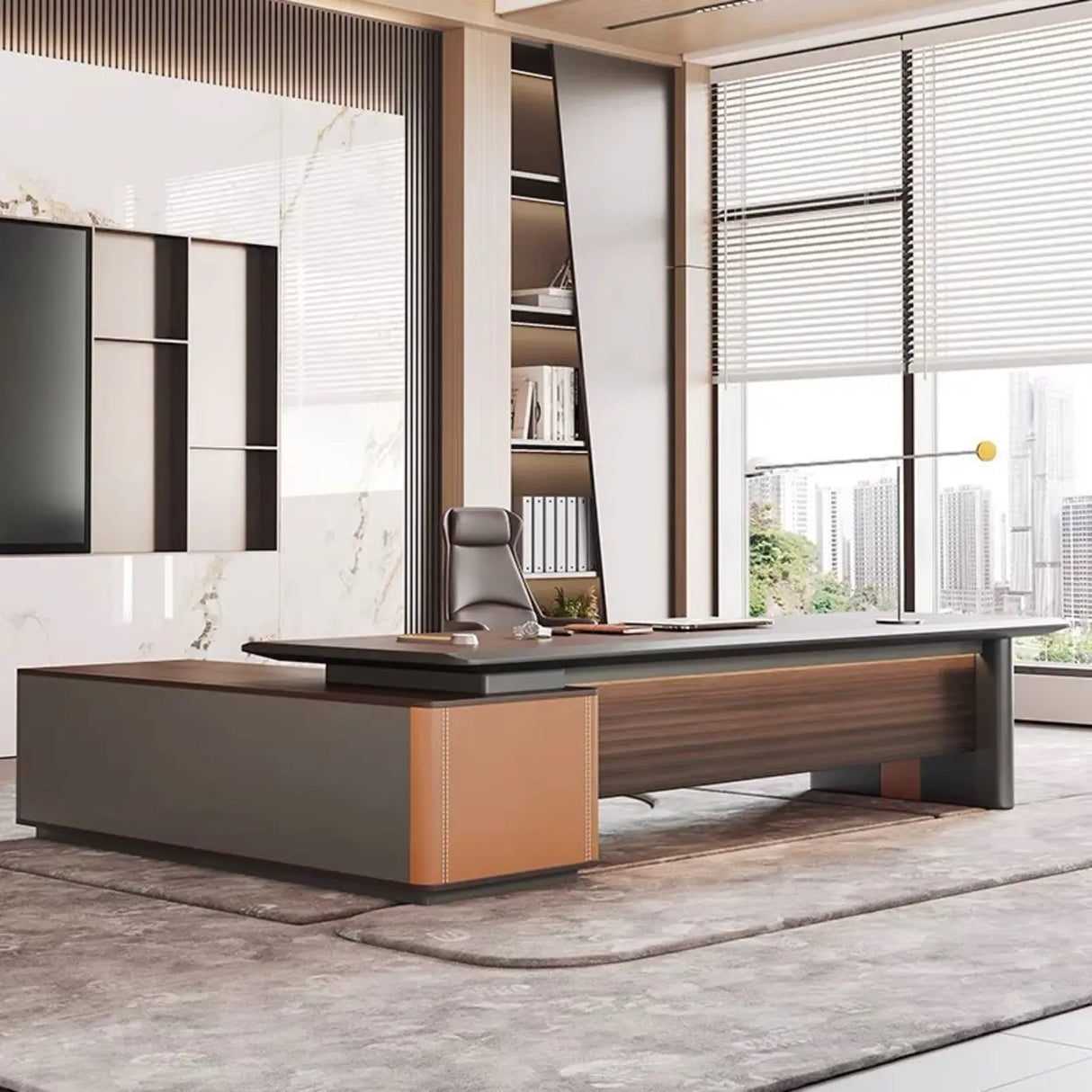 Brown Top Gray Base Long L-Shaped Wood Executive Desk Image - 1