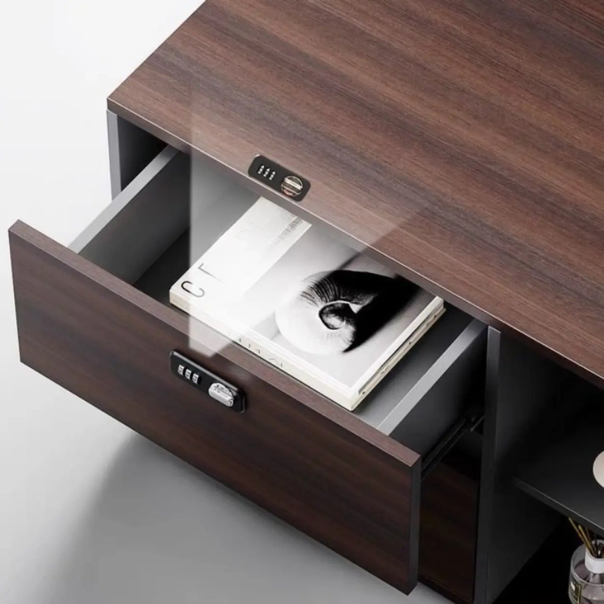 Brown Top Gray Base Long L-Shaped Wood Executive Desk Image - 10