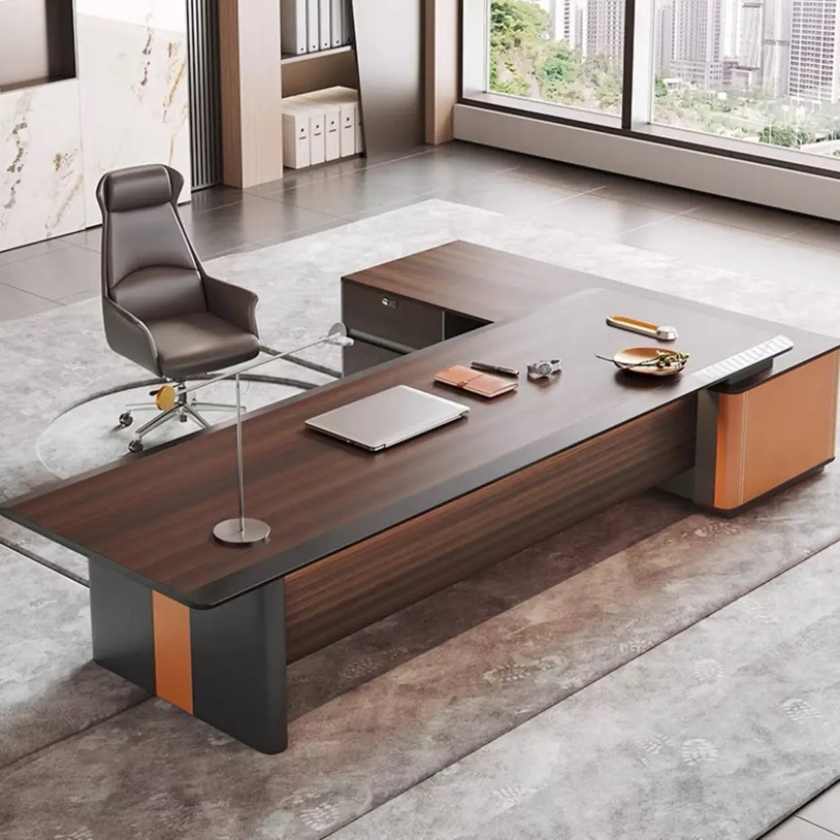 Brown Top Gray Base Long L-Shaped Wood Executive Desk Image - 2