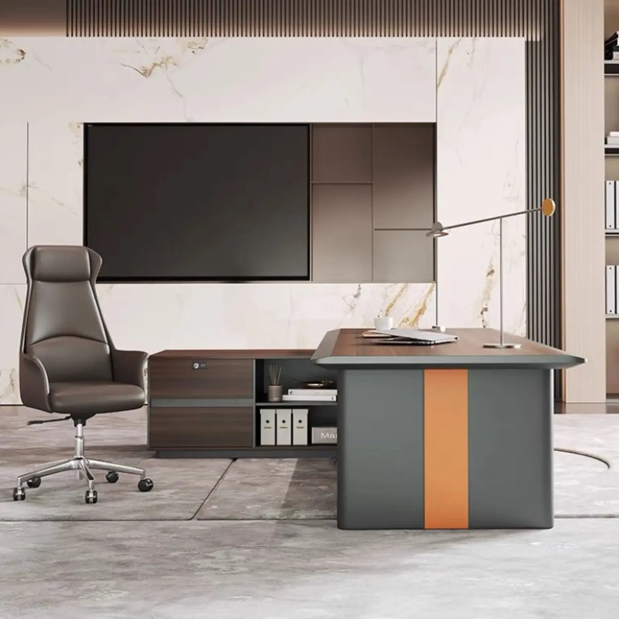 Brown Top Gray Base Long L-Shaped Wood Executive Desk Image - 3