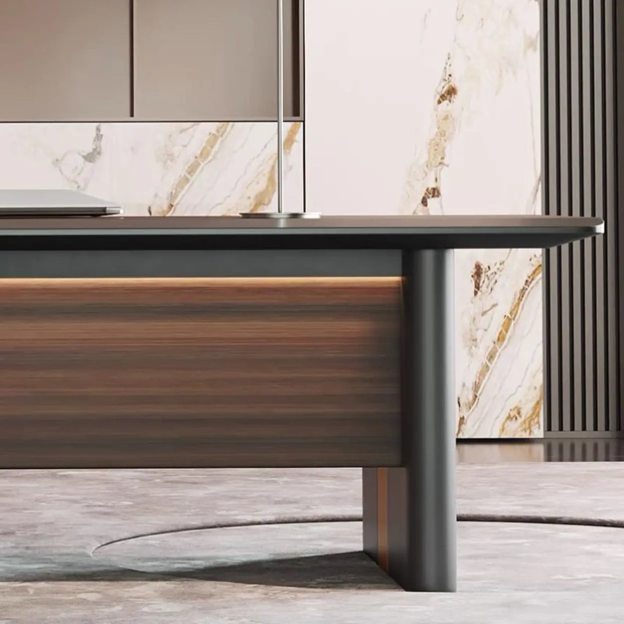 Brown Top Gray Base Long L-Shaped Wood Executive Desk Image - 5