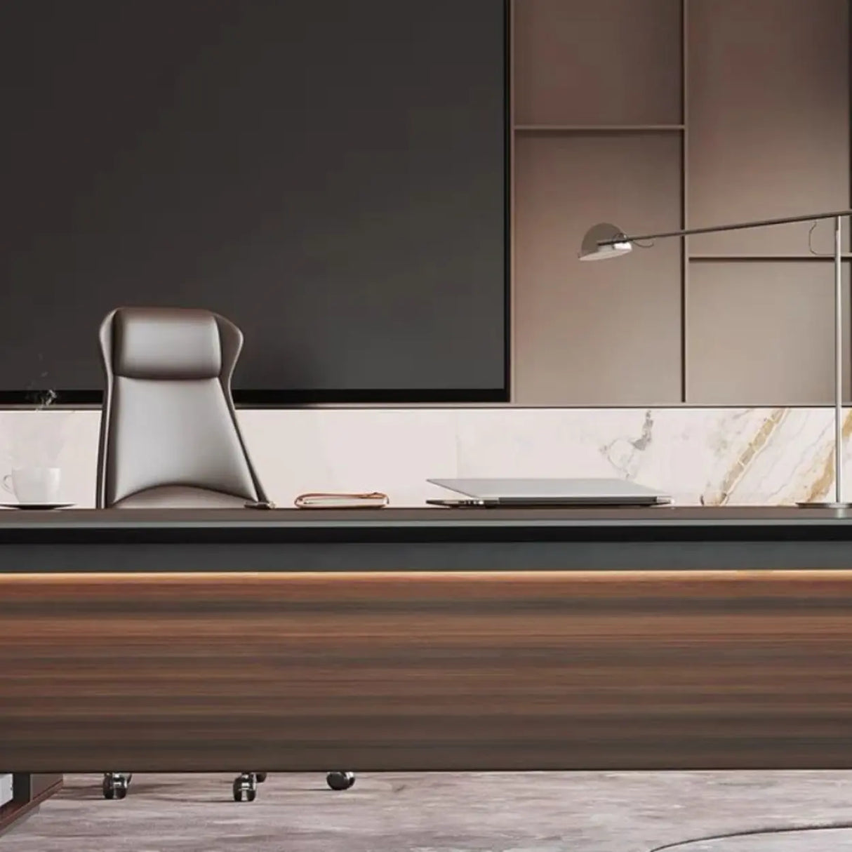 Brown Top Gray Base Long L-Shaped Wood Executive Desk Image - 7