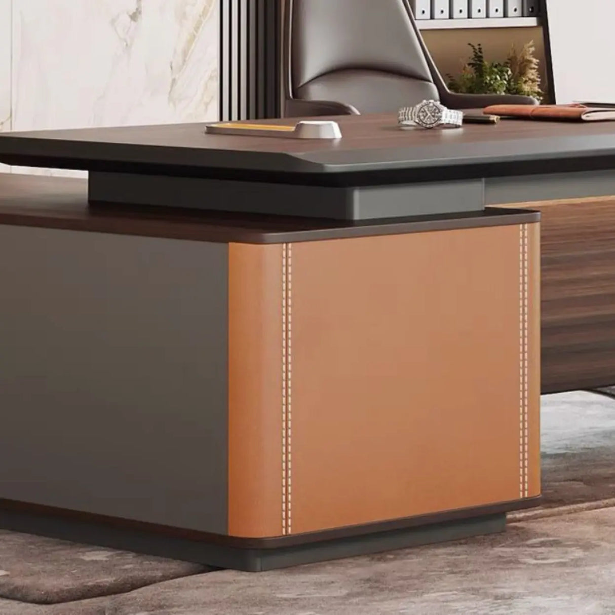 Brown Top Gray Base Long L-Shaped Wood Executive Desk Image - 8