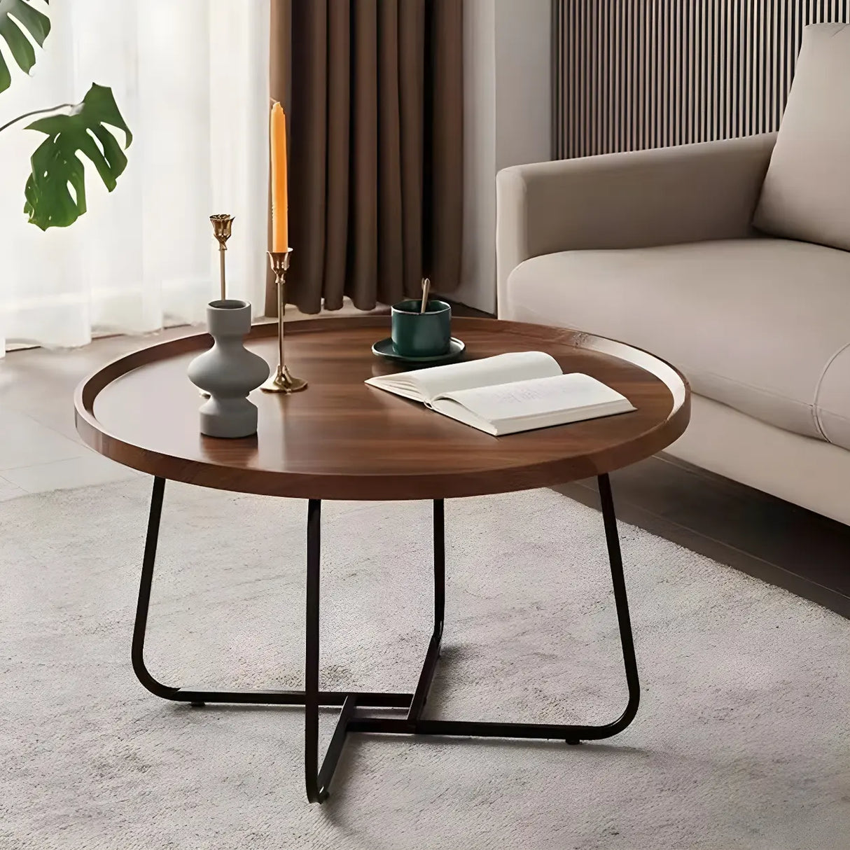 Brown Tray Top Round Coffee Table with Cross Legs Image - 3