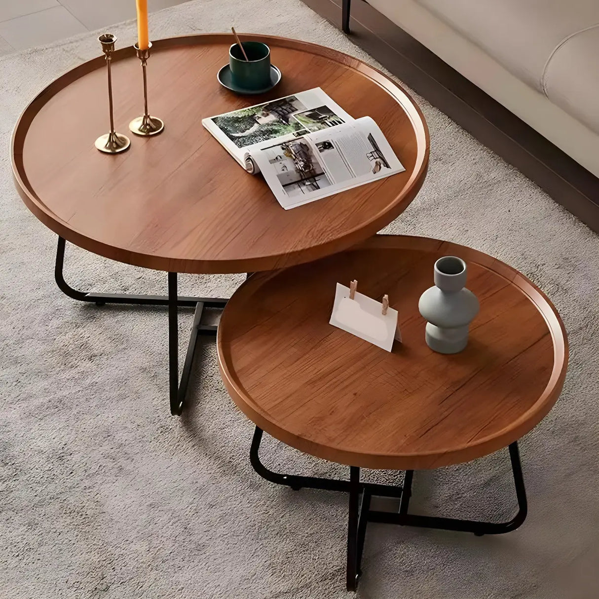 Brown Tray Top Round Coffee Table with Cross Legs Image - 4