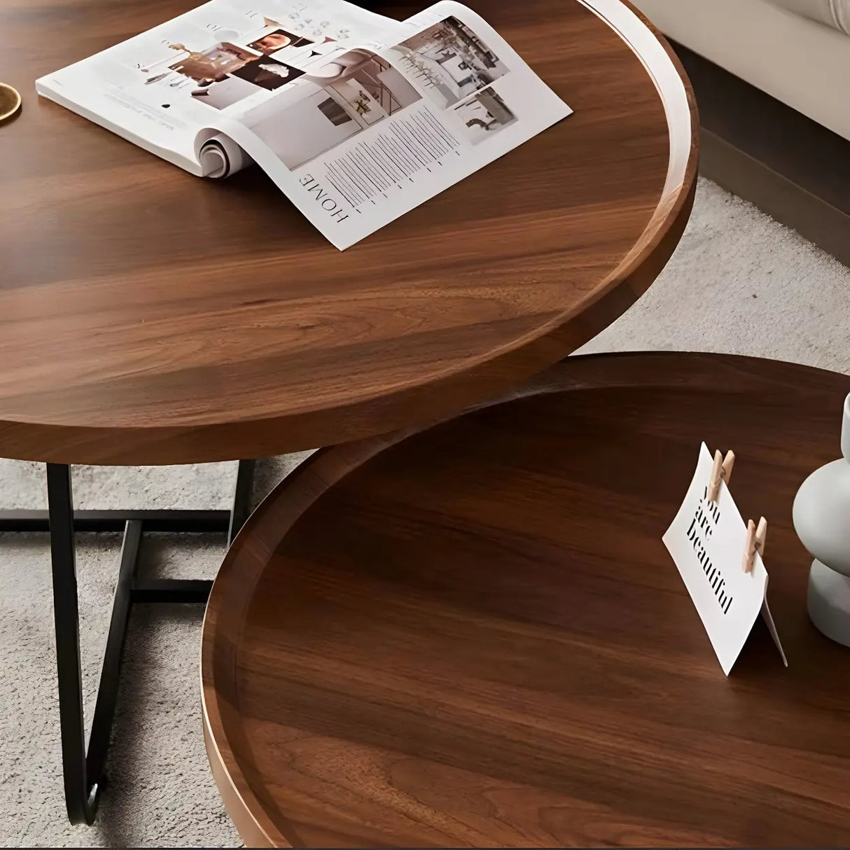 Brown Tray Top Round Coffee Table with Cross Legs Image - 8