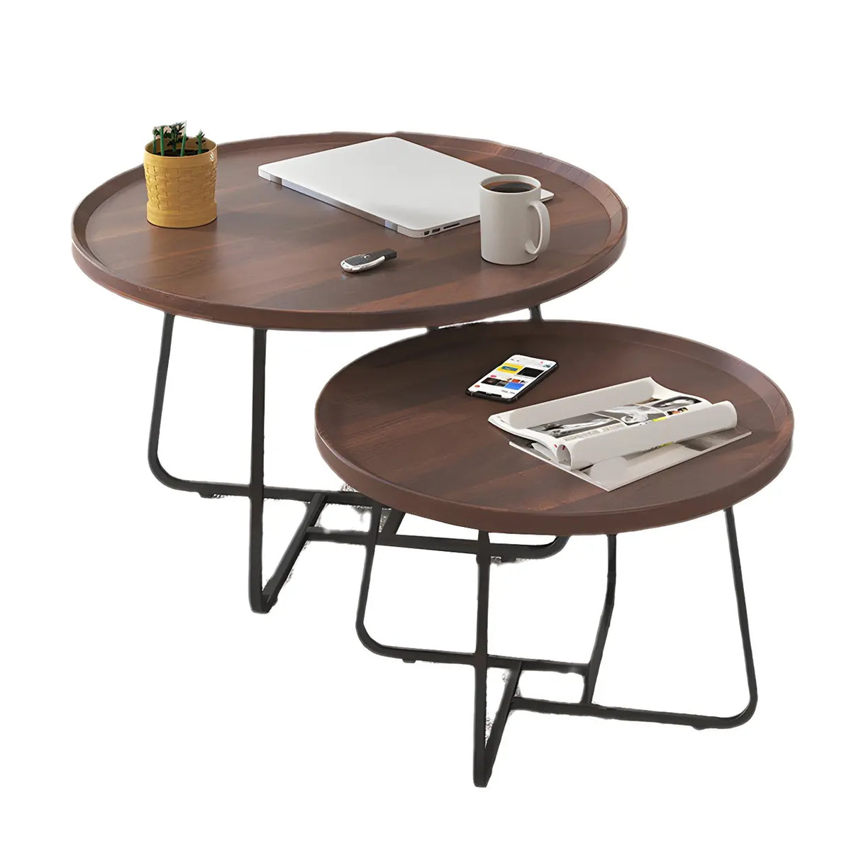 Brown Tray Top Round Coffee Table with Cross Legs Image - 9