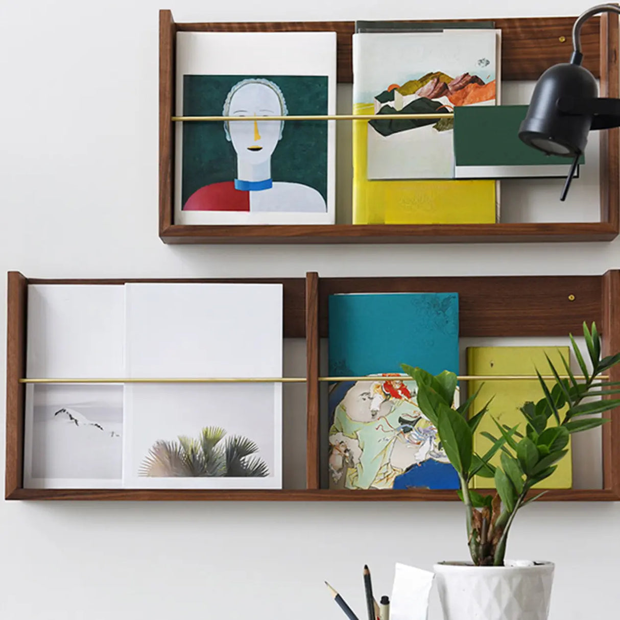 Brown Wall Mounted Modern Rectangular Walnut Bookshelf Image - 1