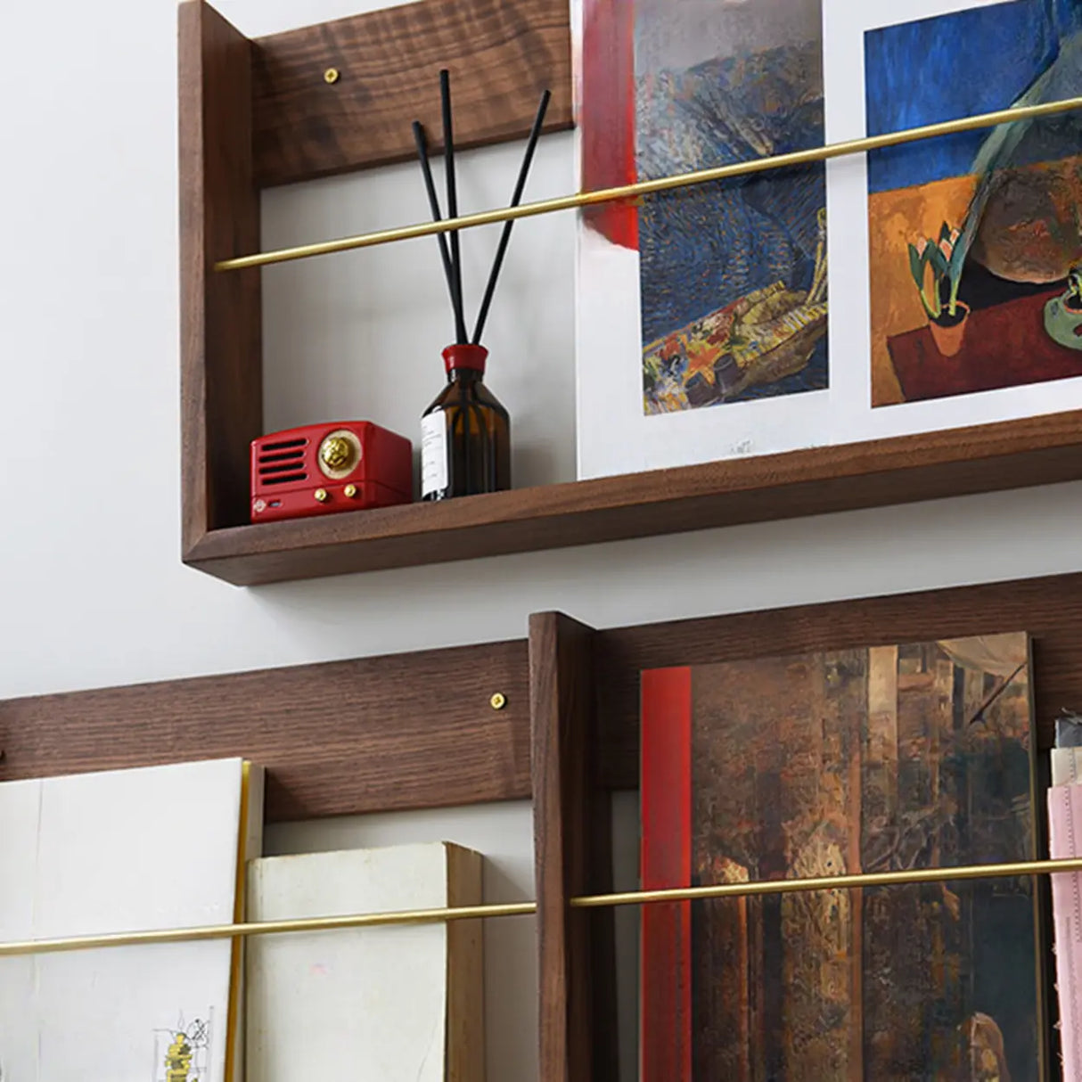 Brown Wall Mounted Modern Rectangular Walnut Bookshelf Image - 4