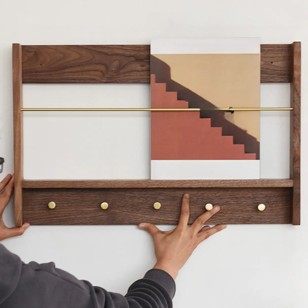 Brown Wall Mounted Modern Rectangular Walnut Bookshelf Image - 7