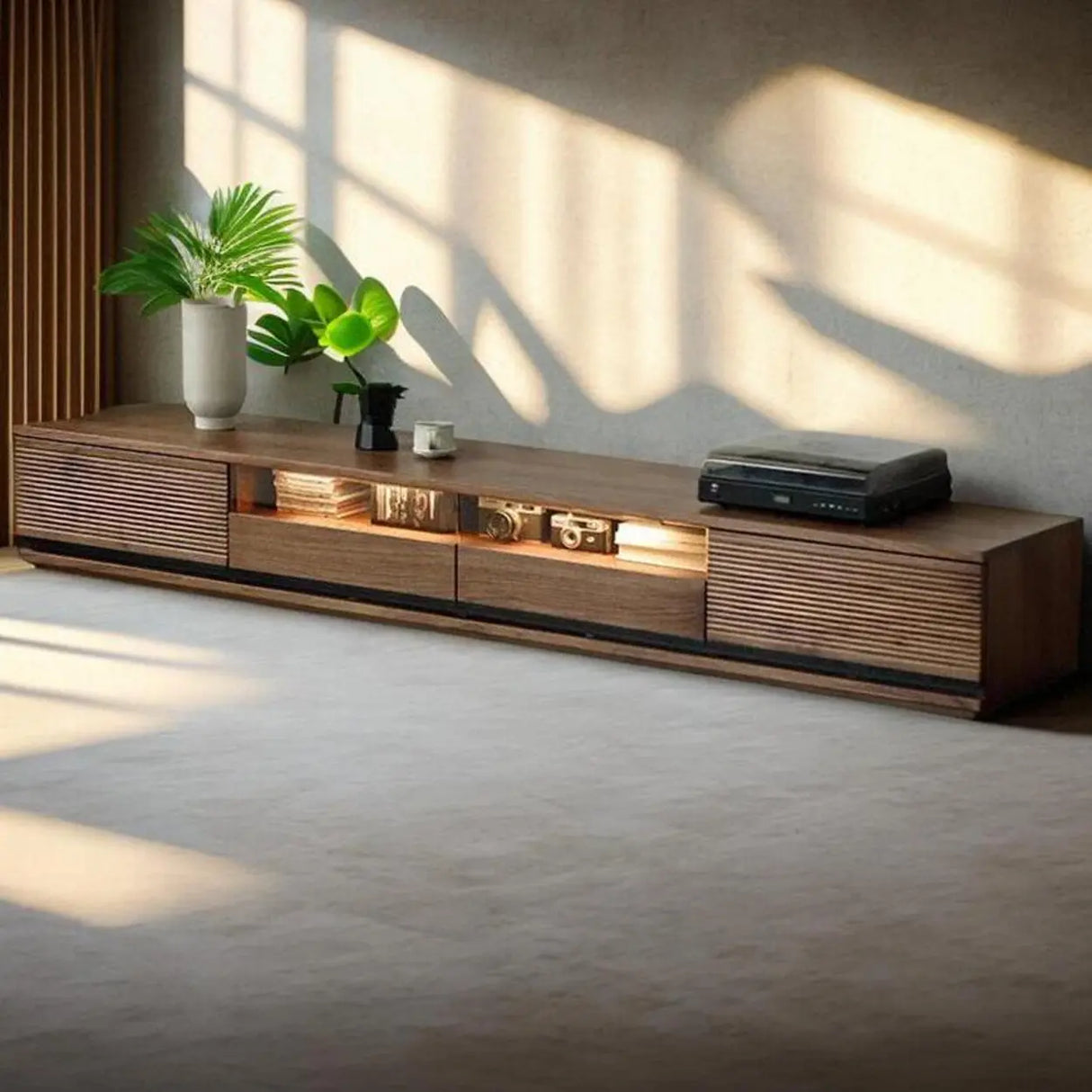 Brown Walnut Wood Drawers Rectangle 2 Tiers TV Stand Image - 1