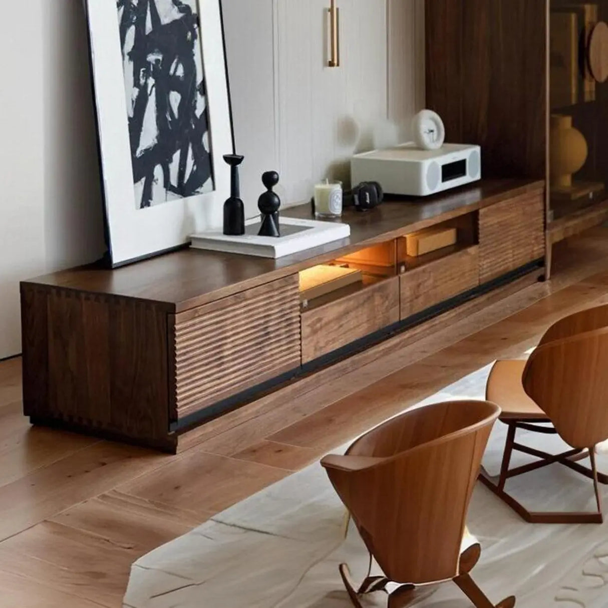 Brown Walnut Wood Drawers Rectangle 2 Tiers TV Stand Image - 3