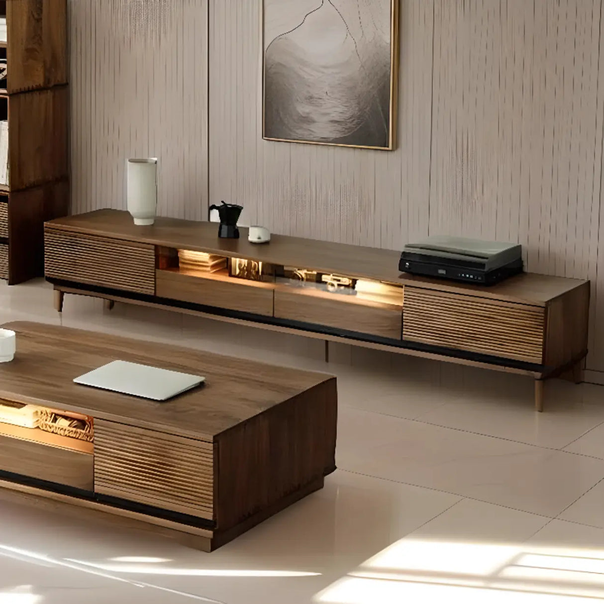 Brown Walnut Wood Drawers Rectangle 2 Tiers TV Stand Image - 4