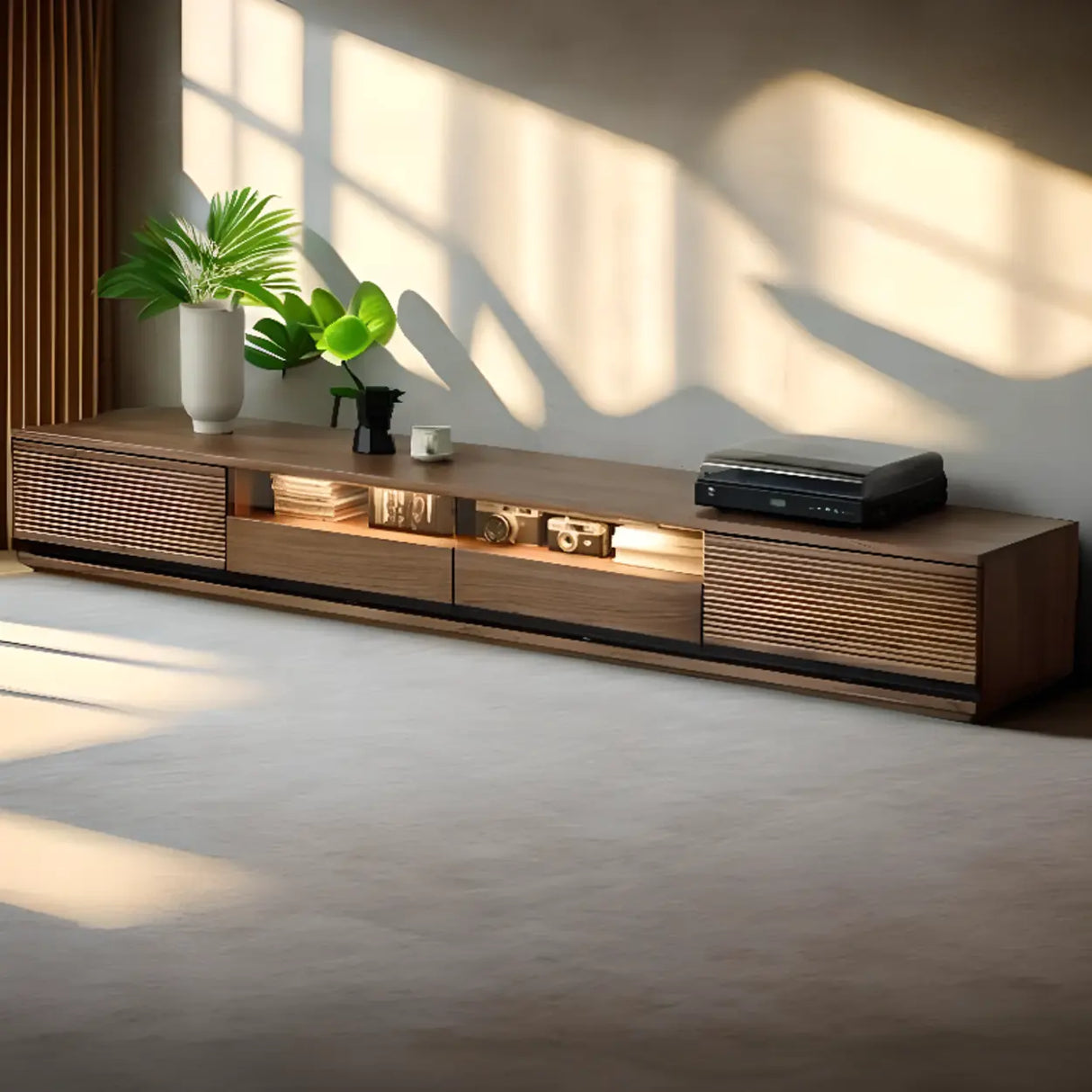 Brown Walnut Wood Drawers Rectangle 2 Tiers TV Stand Image - 5