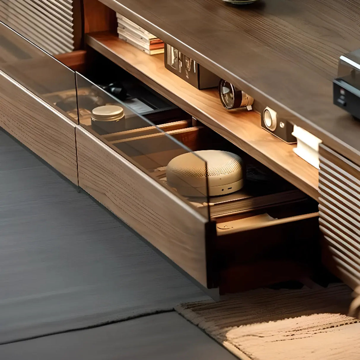 Brown Walnut Wood Drawers Rectangle 2 Tiers TV Stand Image - 7