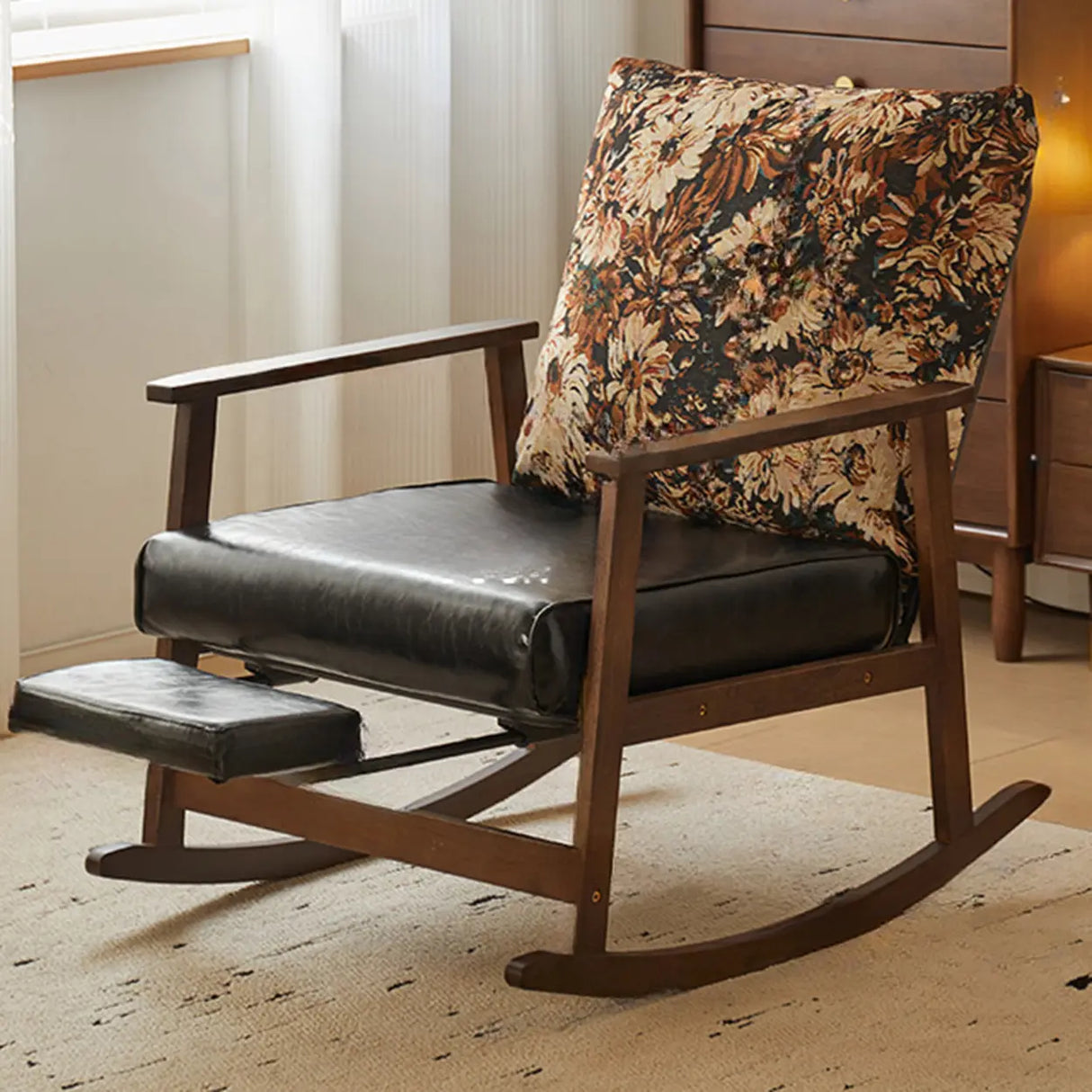 Brown Waterproof Wood Rocking Chair with Track Arms Image - 2