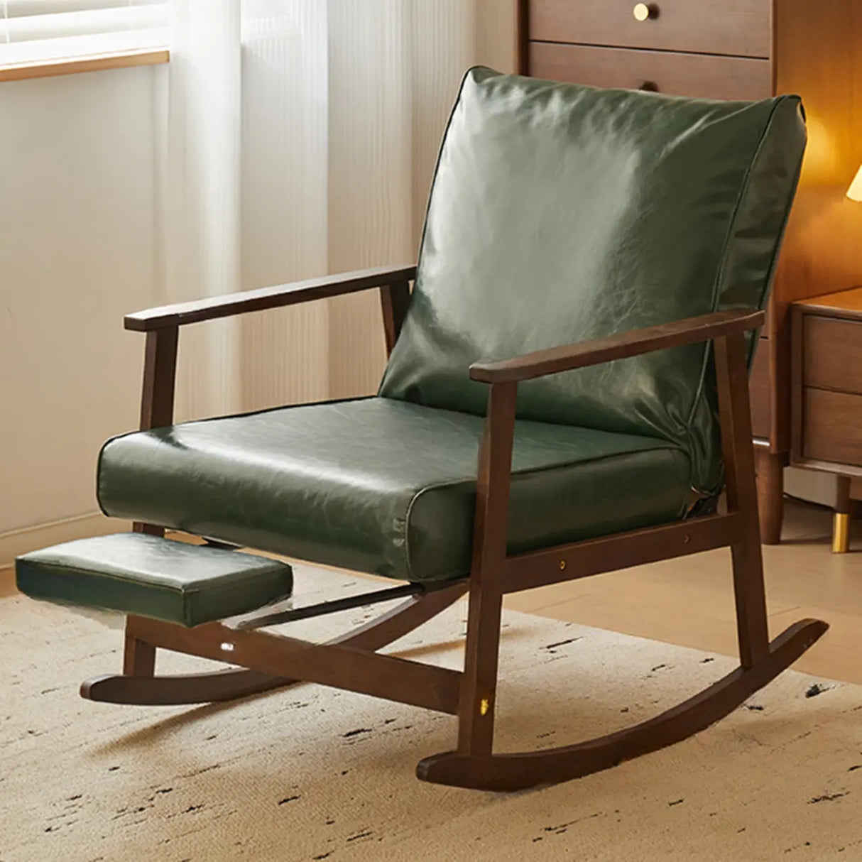 Brown Waterproof Wood Rocking Chair with Track Arms Image - 5