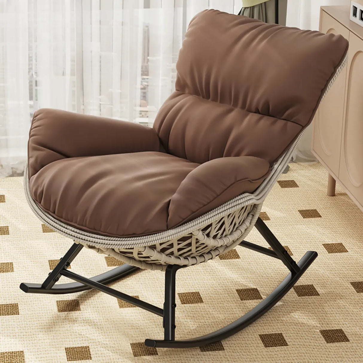 Brown Wicker Rattan Rocking Chair with Black Metal Leg Image - 10