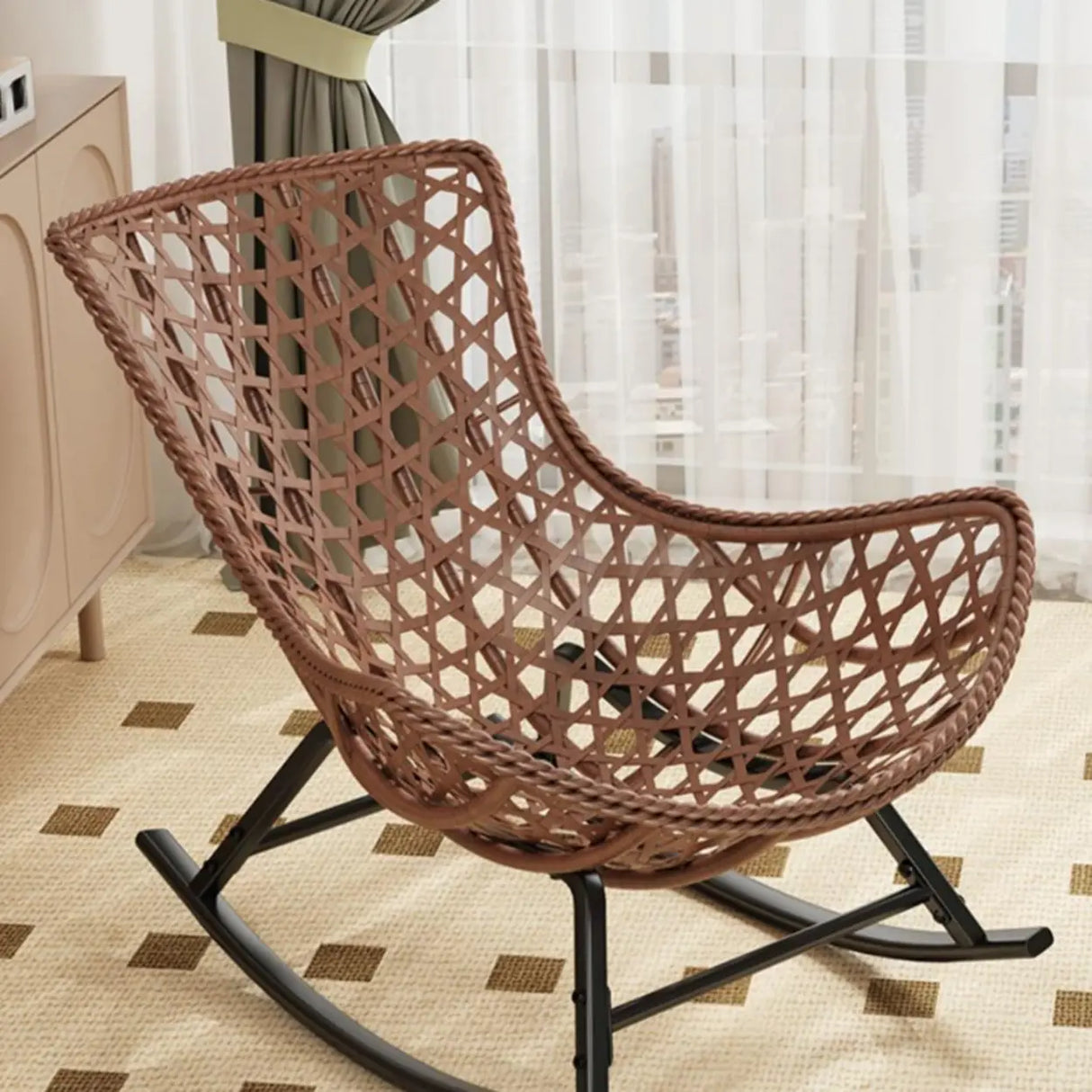 Brown Wicker Rattan Rocking Chair with Black Metal Leg Image - 11