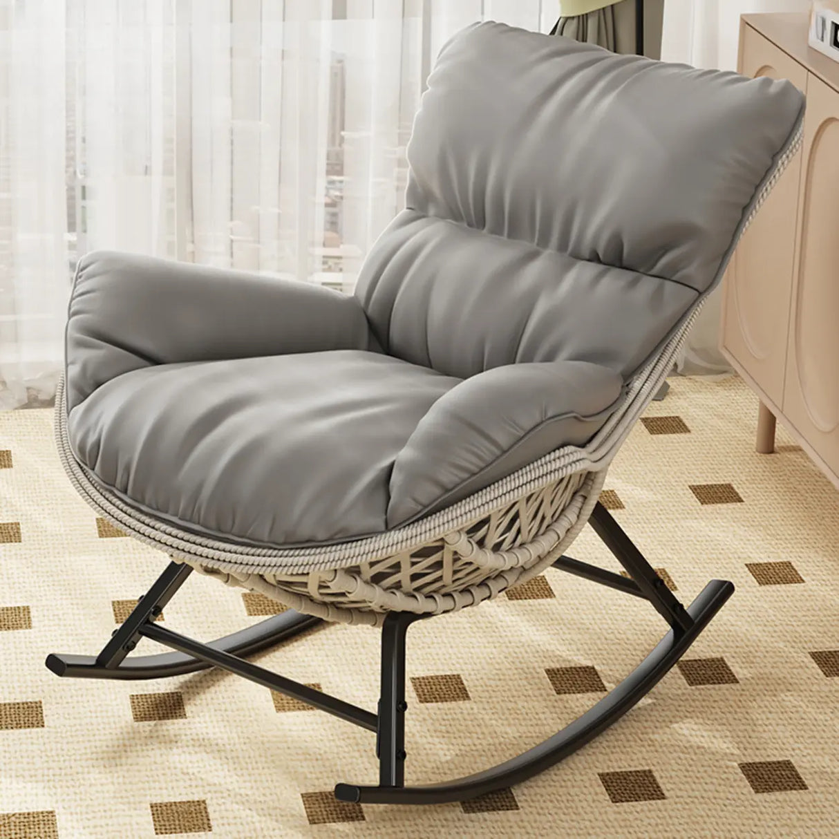 Brown Wicker Rattan Rocking Chair with Black Metal Leg Image - 12