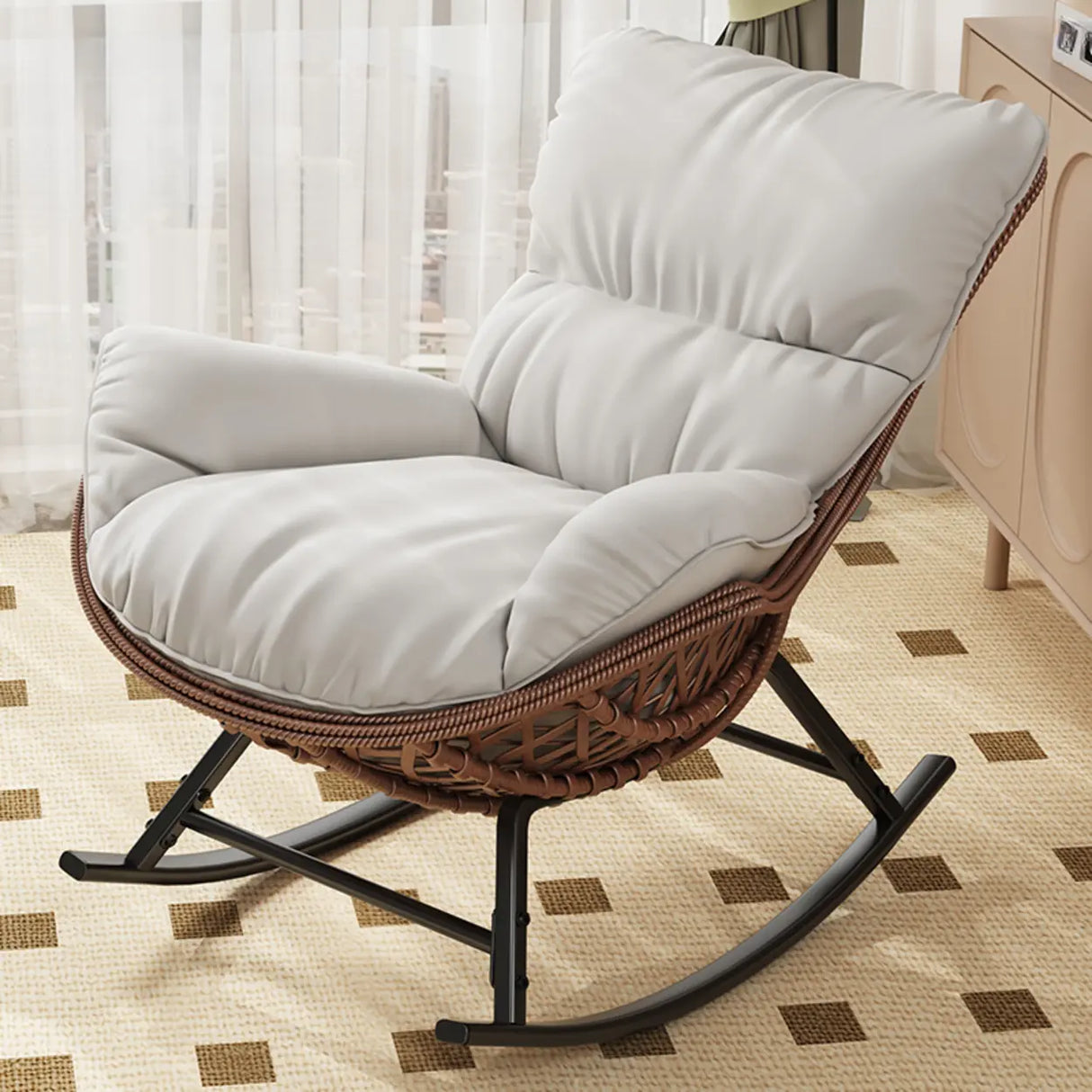 Brown Wicker Rattan Rocking Chair with Black Metal Leg Image - 14