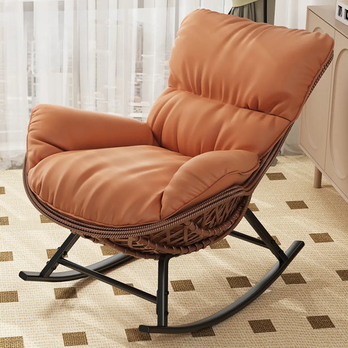 Brown Wicker Rattan Rocking Chair with Black Metal Leg Image - 16