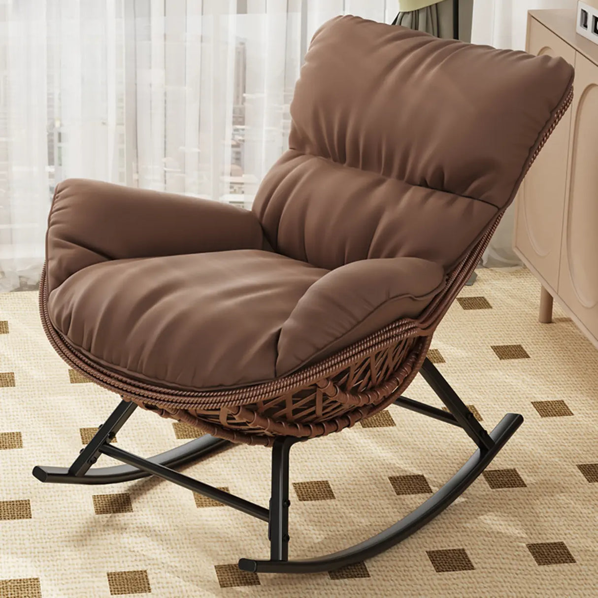 Brown Wicker Rattan Rocking Chair with Black Metal Leg Image - 17