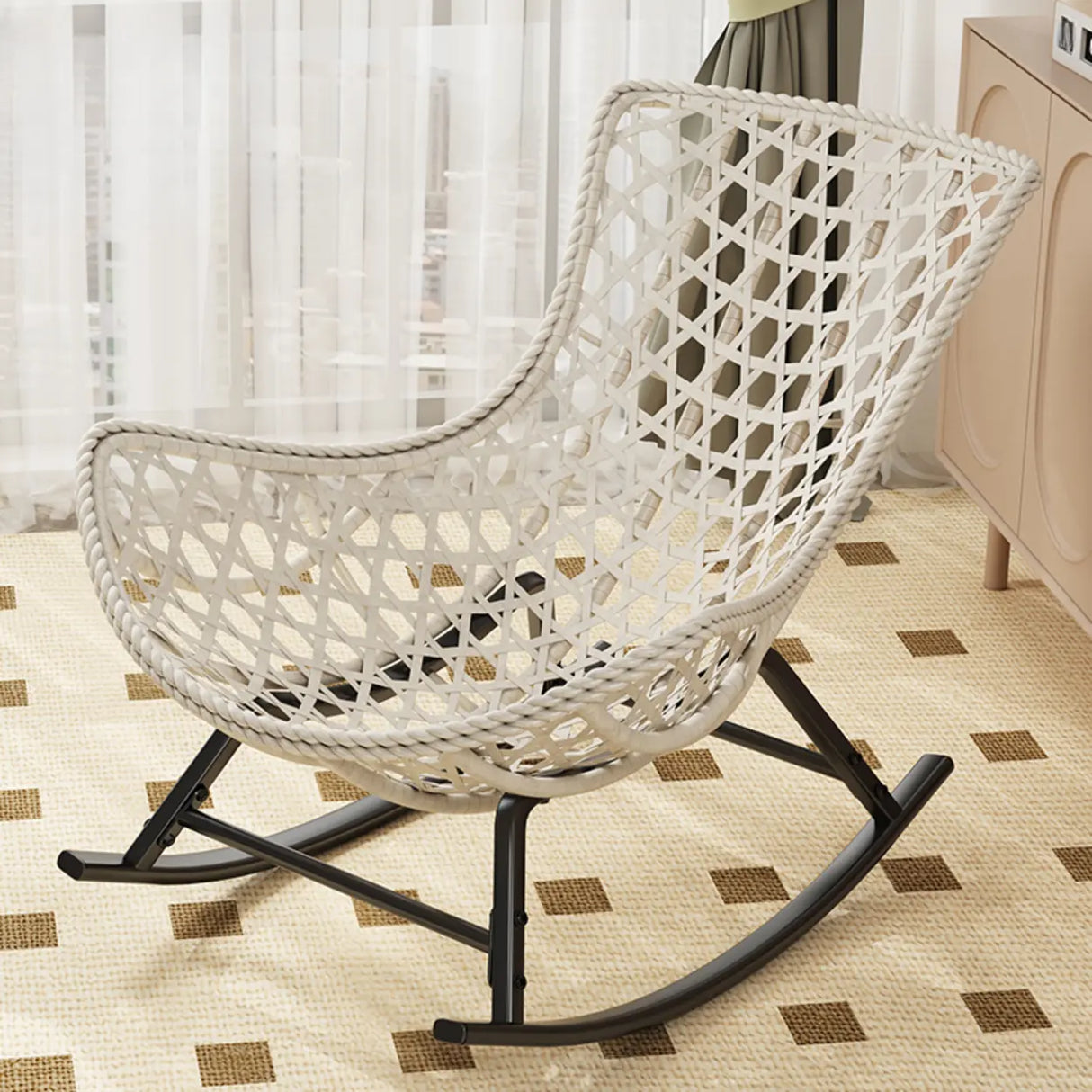 Brown Wicker Rattan Rocking Chair with Black Metal Leg Image - 2
