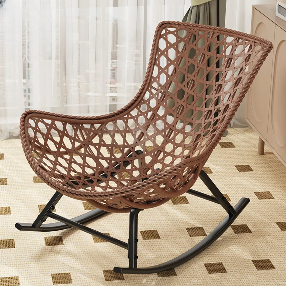 Brown Wicker Rattan Rocking Chair with Black Metal Leg Image - 3