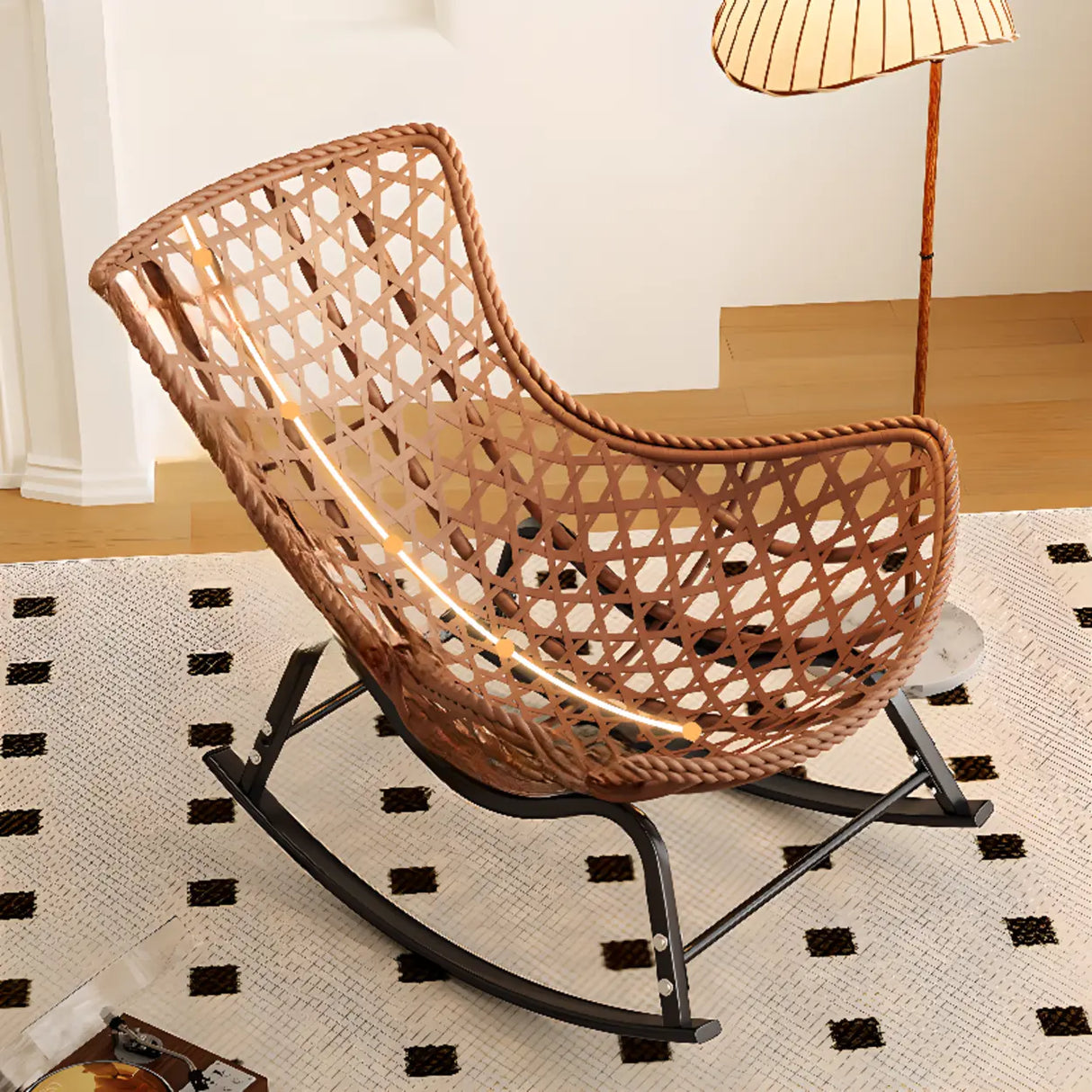 Brown Wicker Rattan Rocking Chair with Black Metal Leg Image - 4