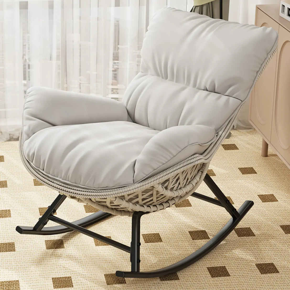 Brown Wicker Rattan Rocking Chair with Black Metal Leg Image - 5