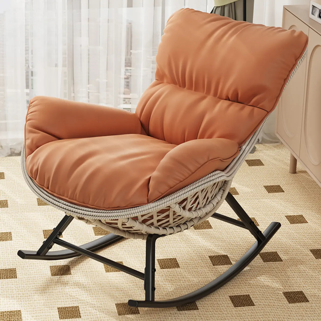 Brown Wicker Rattan Rocking Chair with Black Metal Leg Image - 7