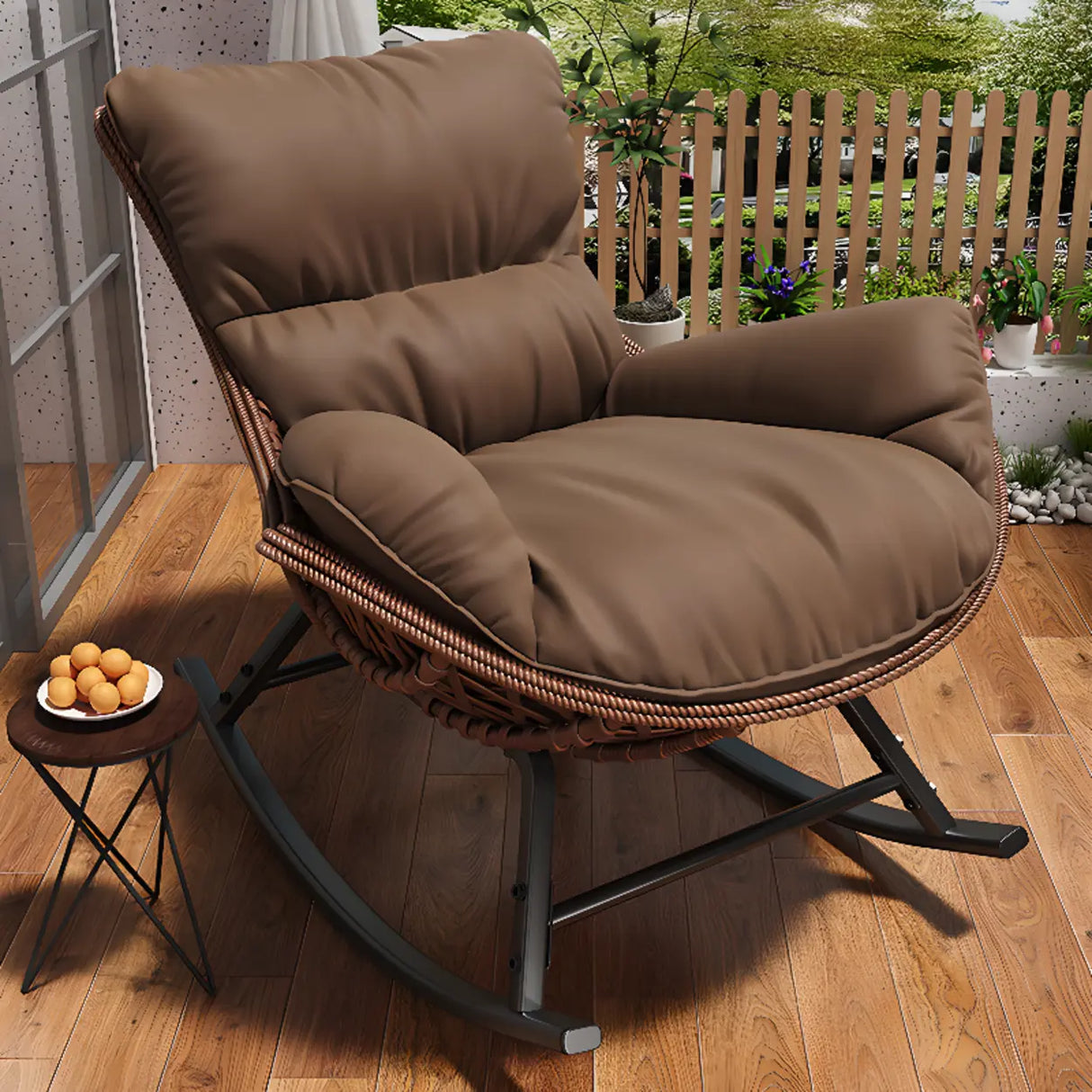Brown Wicker Rattan Rocking Chair with Black Metal Leg Image - 9
