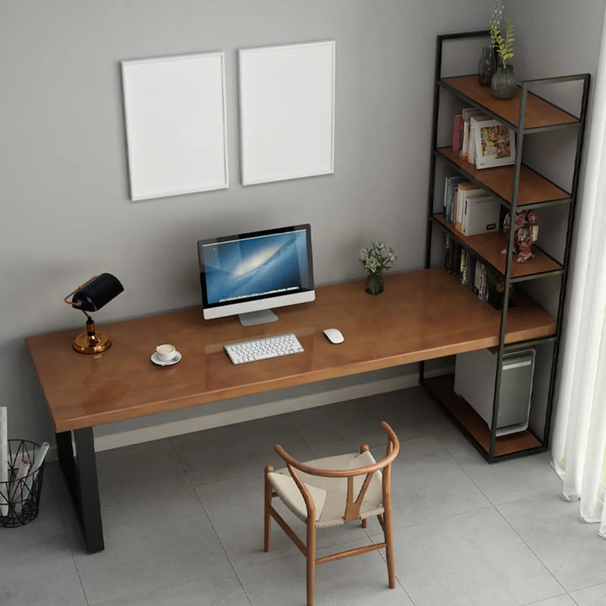 Brown Wood Black Base Kids Desk with Hutch and Shelves Image - 1