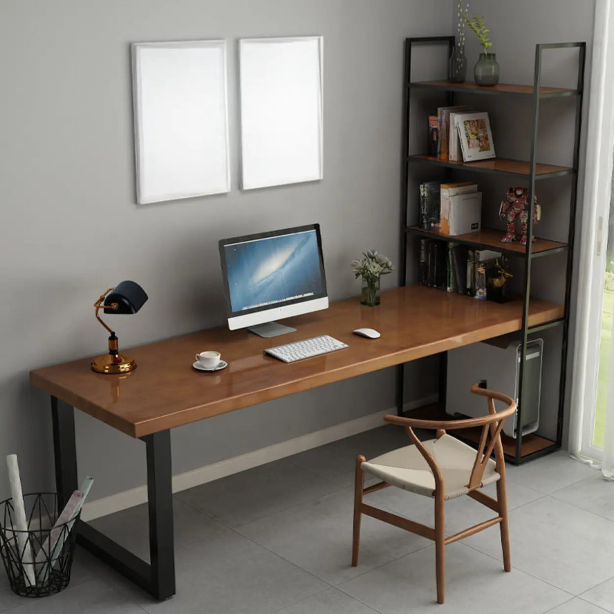 Brown Wood Black Base Kids Desk with Hutch and Shelves Image - 3