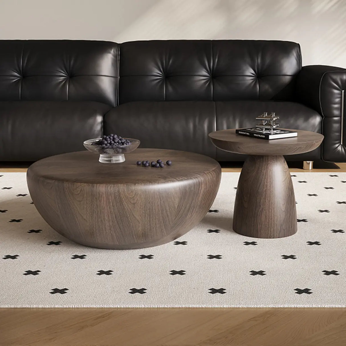 Brown Wood Bowl-Shaped Fixed Nesting Coffee Tables Image - 1