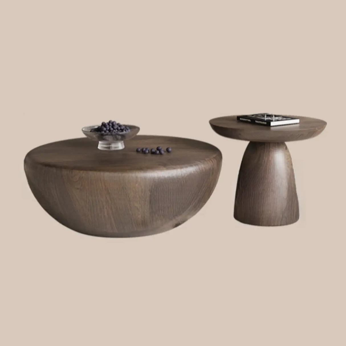 Brown Wood Bowl-Shaped Fixed Nesting Coffee Tables Image - 6