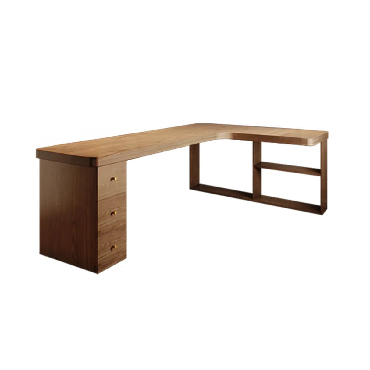 Brown Wood Drawers Exterior Shelf L-Shape Computer Desk Image - 10