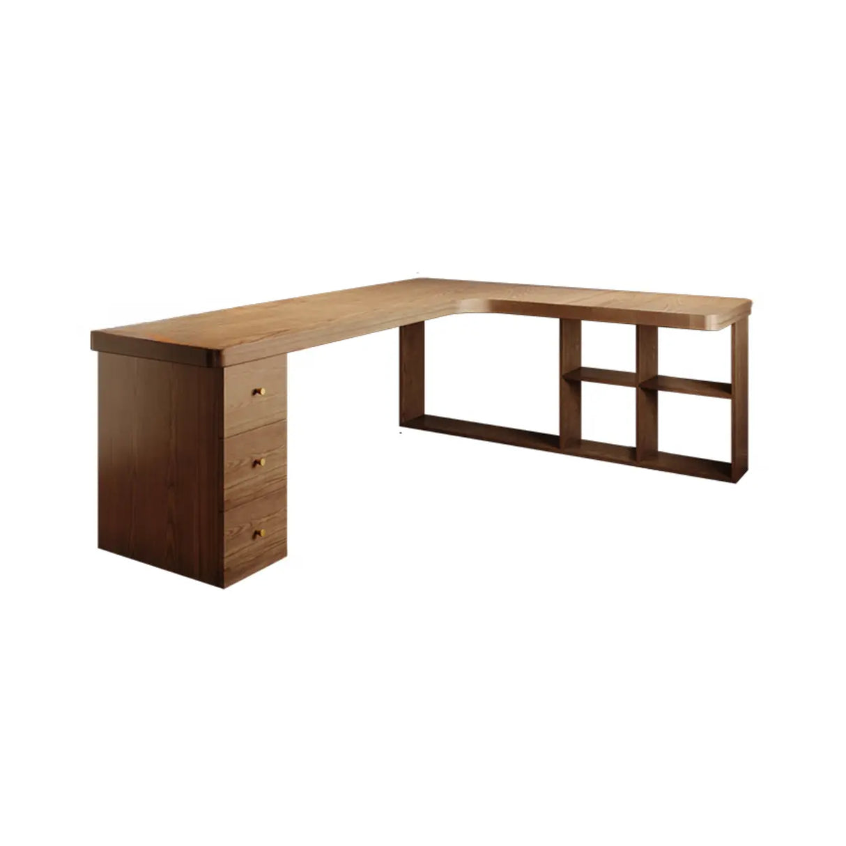 Brown Wood Drawers Exterior Shelf L-Shape Computer Desk Image - 11