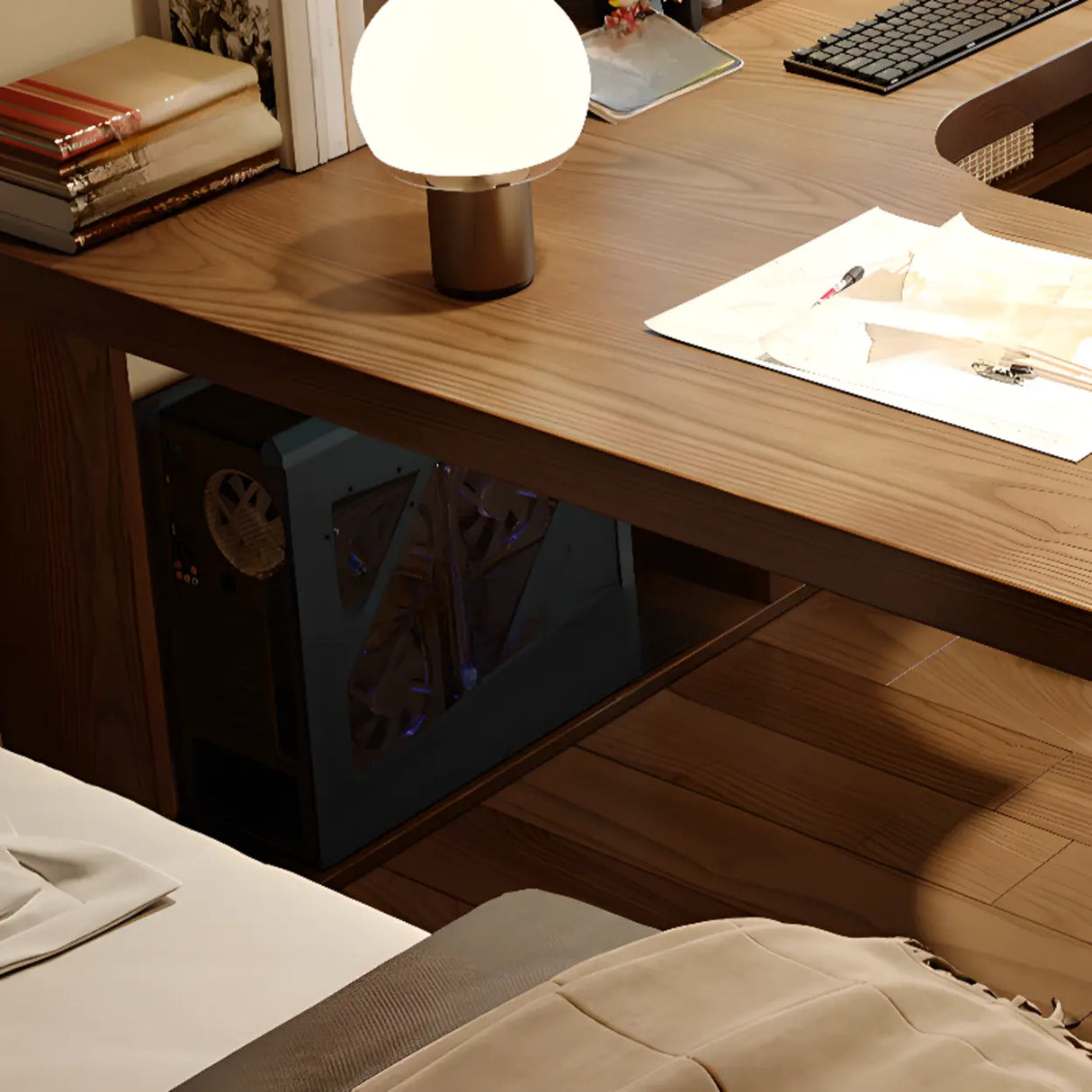 Brown Wood Drawers Exterior Shelf L-Shape Computer Desk Image - 12