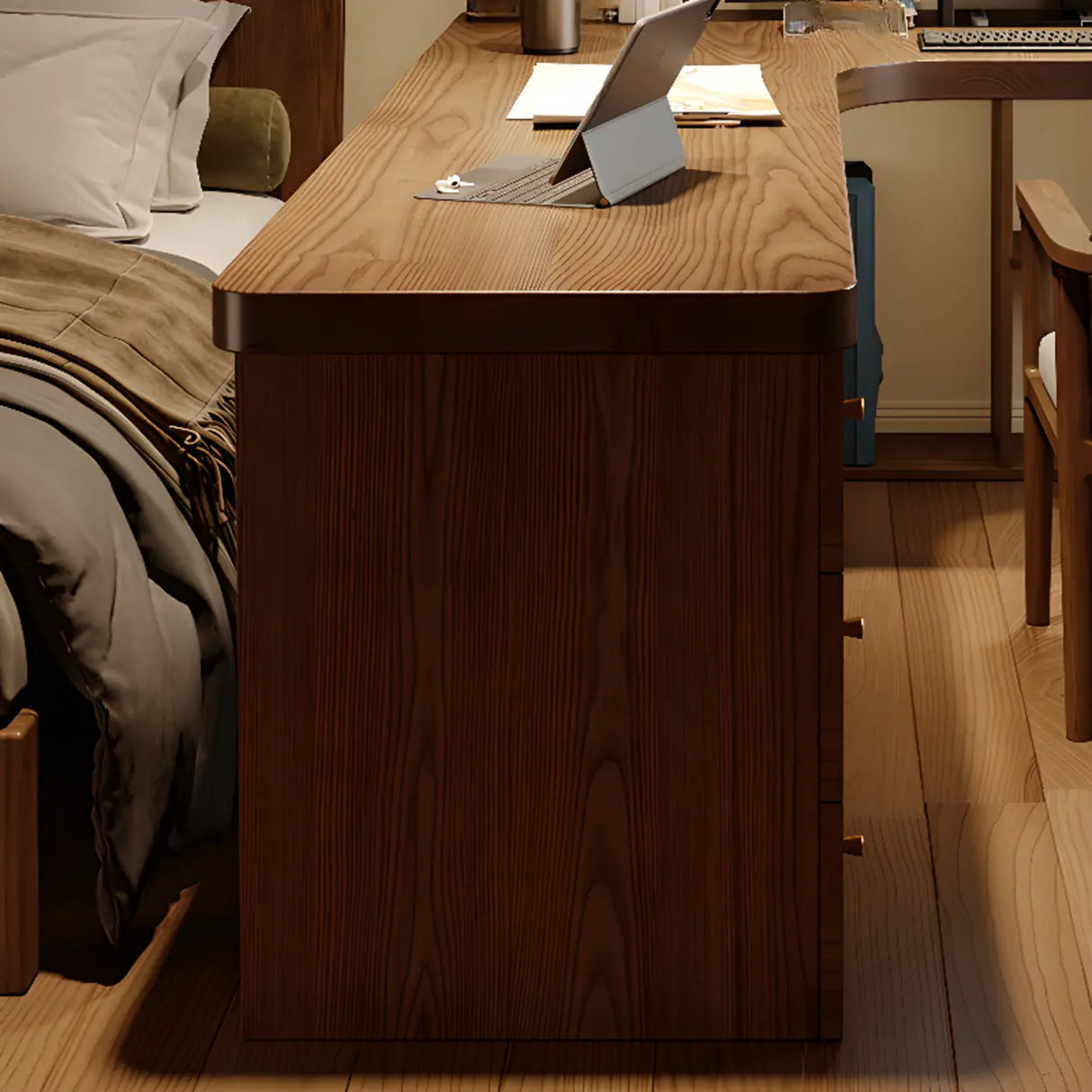 Brown Wood Drawers Exterior Shelf L-Shape Computer Desk Image - 14