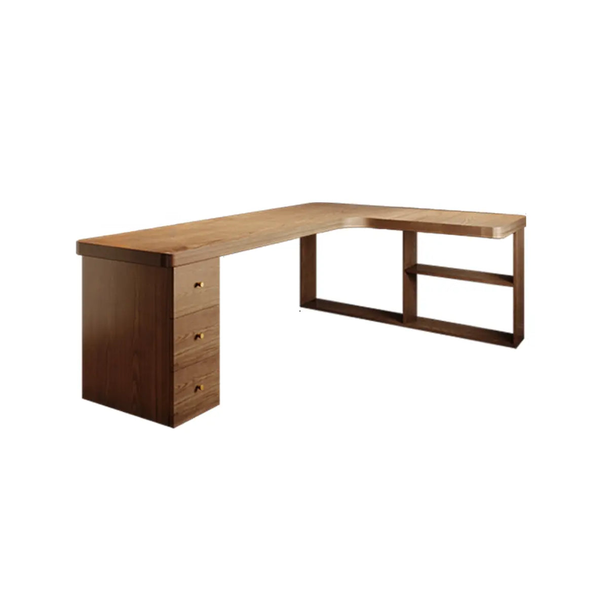 Brown Wood Drawers Exterior Shelf L-Shape Computer Desk Image - 15