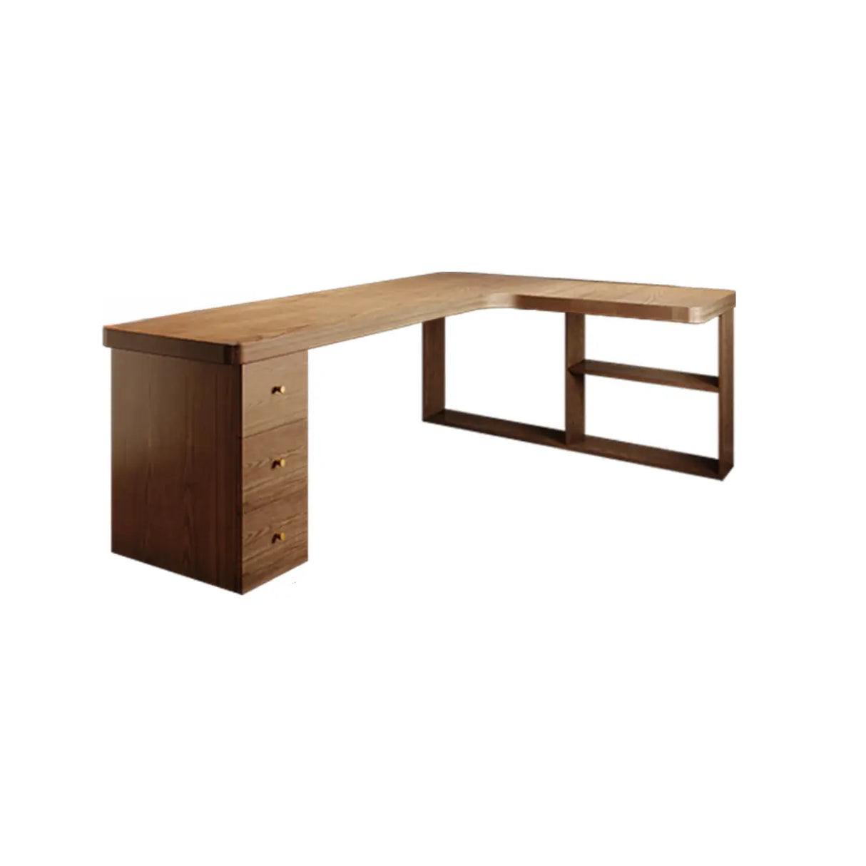 Brown Wood Drawers Exterior Shelf L-Shape Computer Desk Image - 16