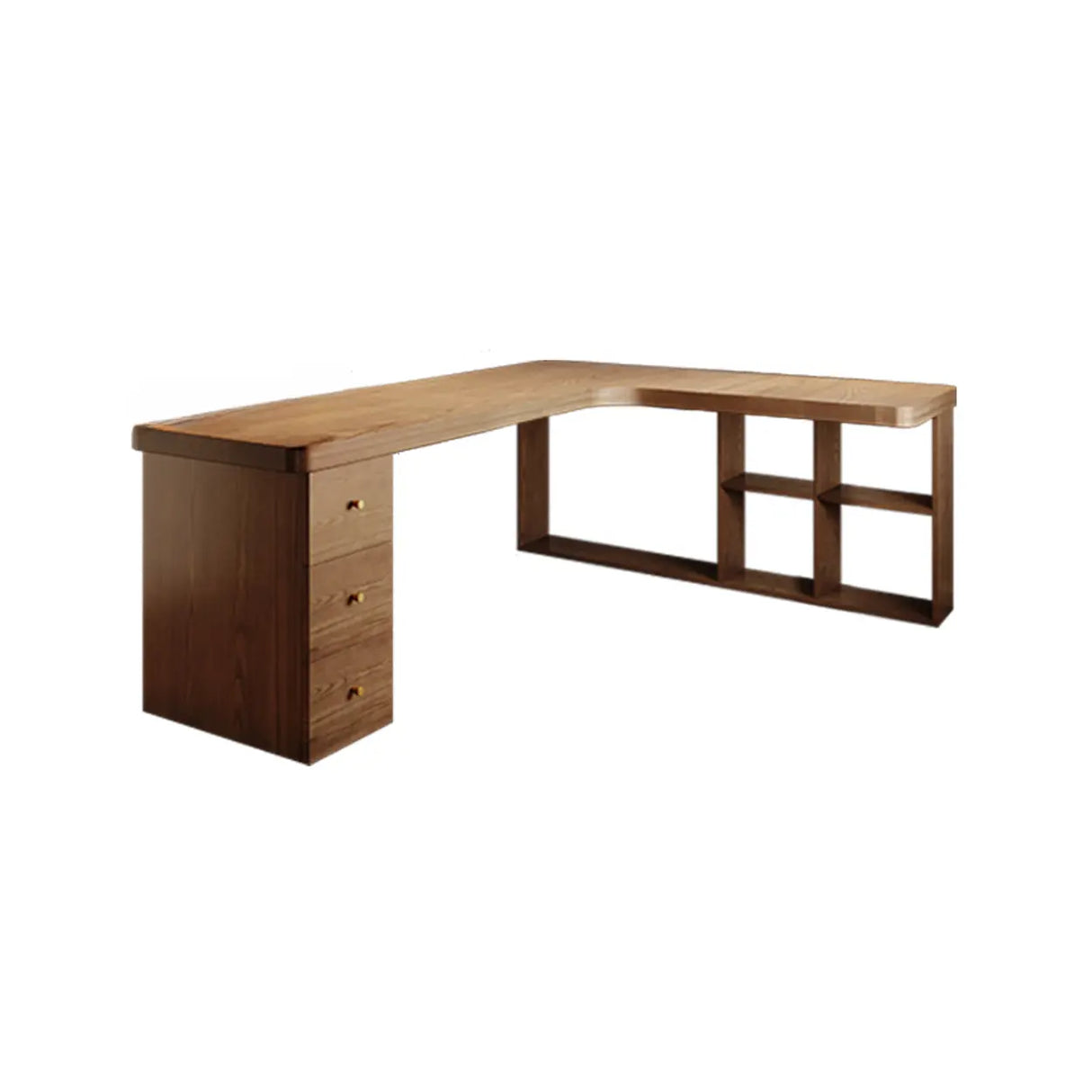 Brown Wood Drawers Exterior Shelf L-Shape Computer Desk Image - 17