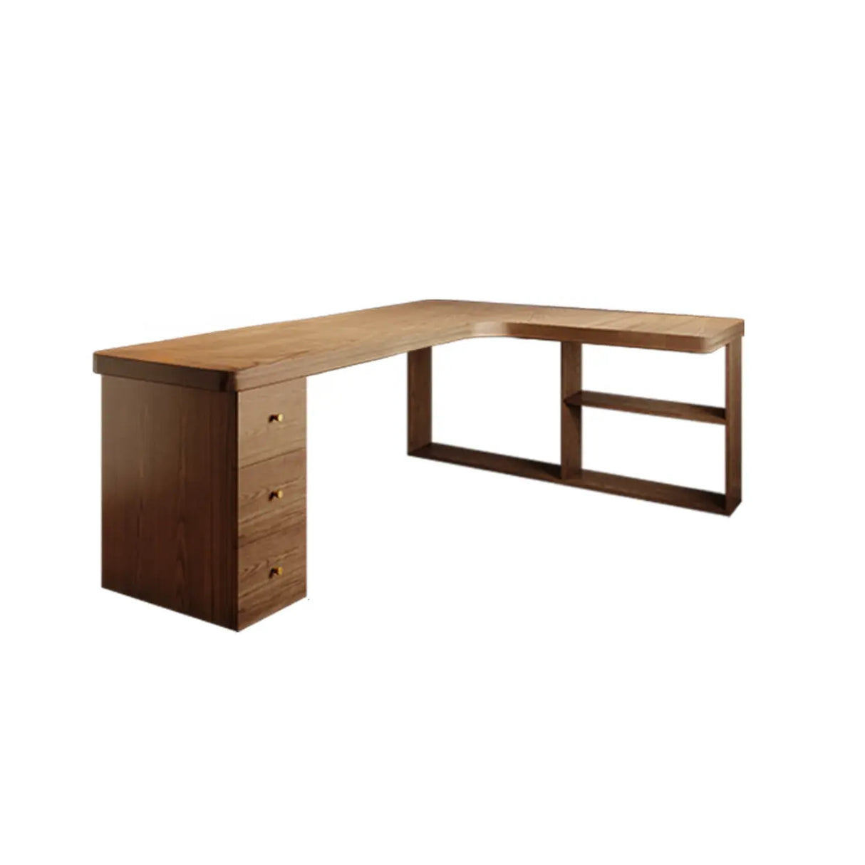 Brown Wood Drawers Exterior Shelf L-Shape Computer Desk Image - 3