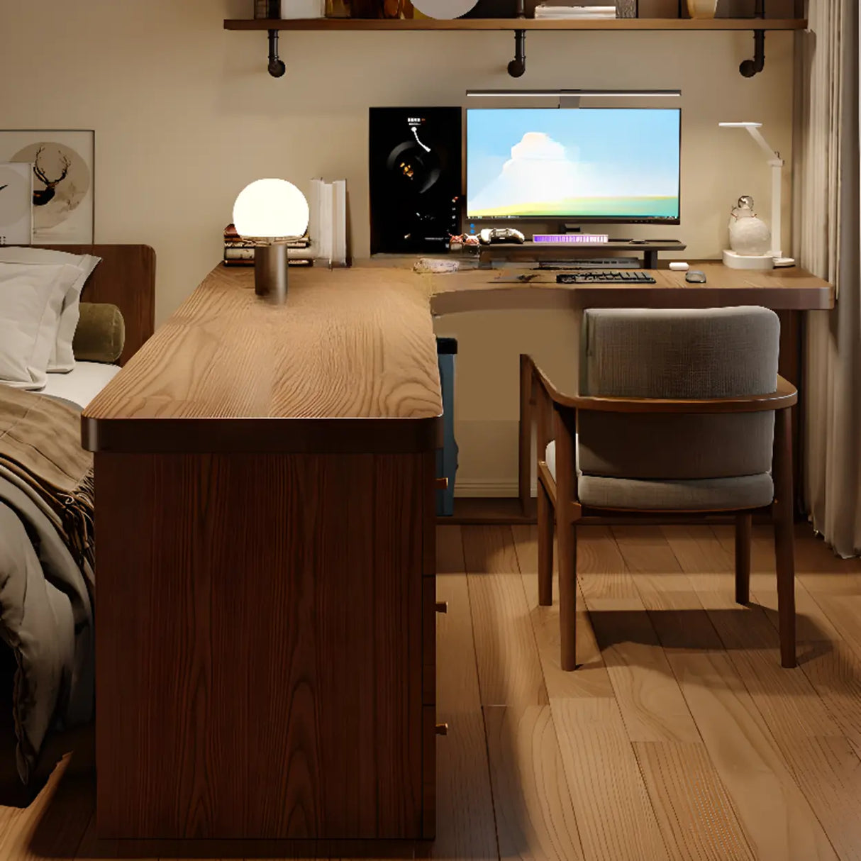 Brown Wood Drawers Exterior Shelf L-Shape Computer Desk Image - 4