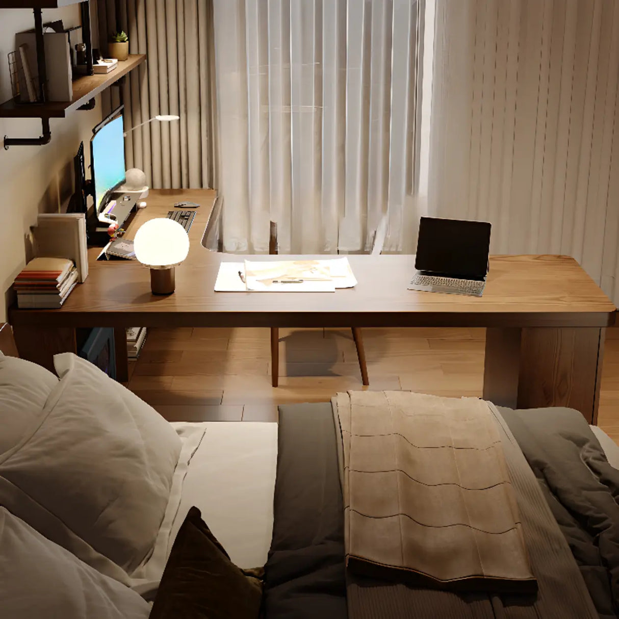 Brown Wood Drawers Exterior Shelf L-Shape Computer Desk Image - 5