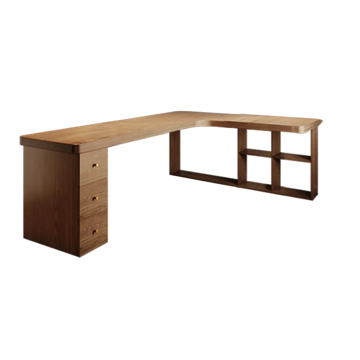 Brown Wood Drawers Exterior Shelf L-Shape Computer Desk Image - 6