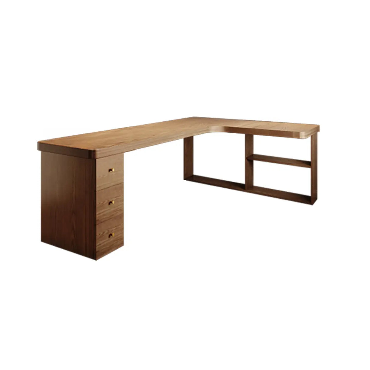 Brown Wood Drawers Exterior Shelf L-Shape Computer Desk Image - 7